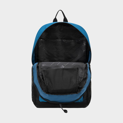 A blue and black Champion Kid's Bungee Backpack is shown against a light gray background with its main compartment unzipped, revealing a spacious interior and smaller inner pocket.