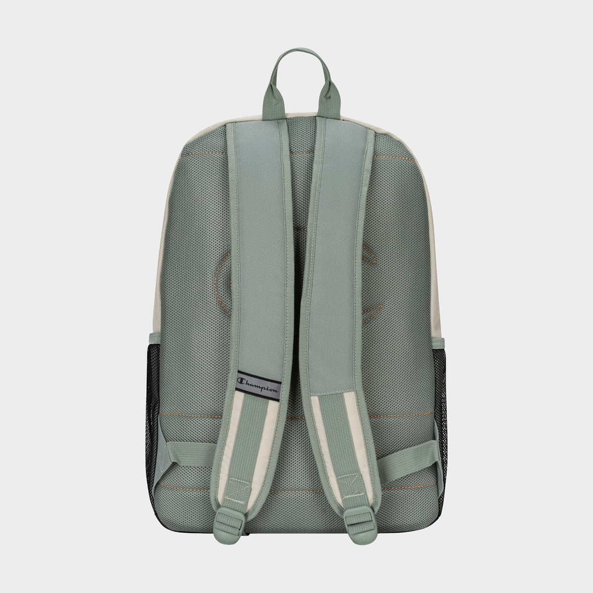 The Champion Kid's Bungee Backpack in sage green is shown from the back with two padded adjustable straps, top handle, mesh side pockets, and a small bottom label—a durable backpack ideal for school or sports.