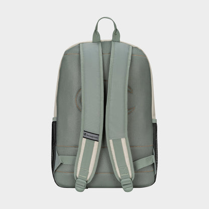 The Champion Kid's Bungee Backpack in sage green is shown from the back with two padded adjustable straps, top handle, mesh side pockets, and a small bottom label—a durable backpack ideal for school or sports.
