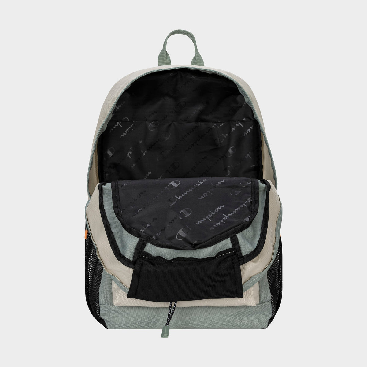 The Champion Kid's Bungee Backpack is shown open on a plain light background, featuring a two-tone design, front pocket, spacious black interior with branded logo pattern, and an inside divider pocket for kids.