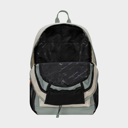 The Champion Kid's Bungee Backpack is shown open on a plain light background, featuring a two-tone design, front pocket, spacious black interior with branded logo pattern, and an inside divider pocket for kids.