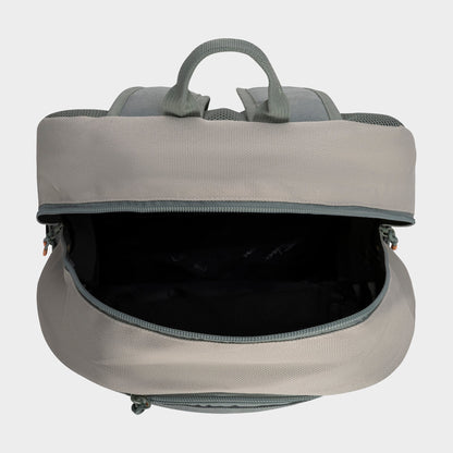 The Champion Kid's Bungee Backpack is shown in light gray with its main compartment open, revealing the interior. This durable kids' backpack features two top handles and padded shoulder straps on the back.