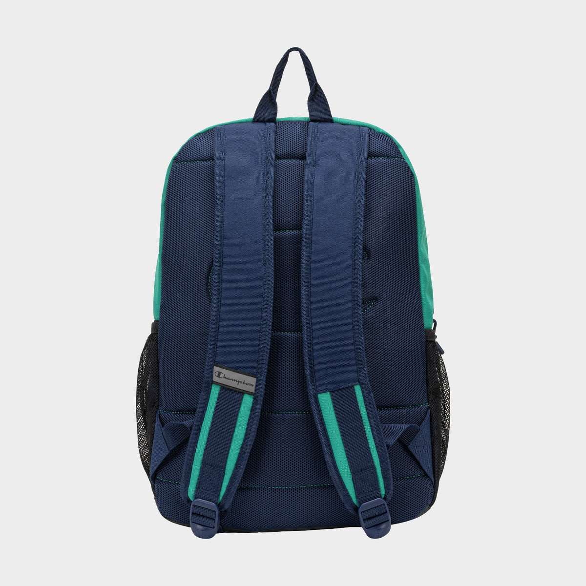 The Champion Kid's Bungee Backpack in navy blue and teal is shown from the back, featuring padded adjustable straps, a mesh side pocket, and a top handle—ideal as a durable sports backpack for kids.