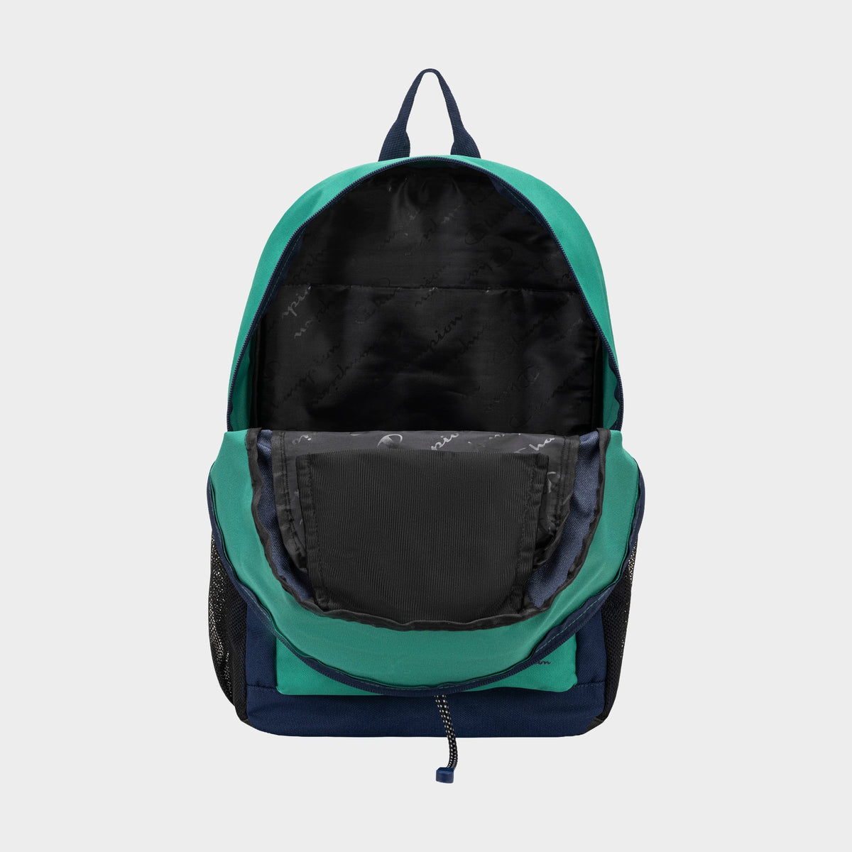 The Champion Kid's Bungee Backpack in green and navy is shown with its main compartment unzipped, revealing a black inner lining and pocket. Durable and perfect for kids’ sports, it also has a front pocket and side mesh pockets.