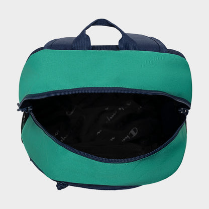 A top-down view of the Champion Kid's Bungee Backpack in green and navy with a zippered main compartment and empty black lining—this durable backpack is perfect for kids' sports.