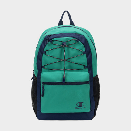 The Champion Kid's Bungee Backpack in teal and navy blue features a front zip pocket, black mesh side pockets, a black bungee cord on the front, and the Champion logo—perfect as a sporty backpack for kids.