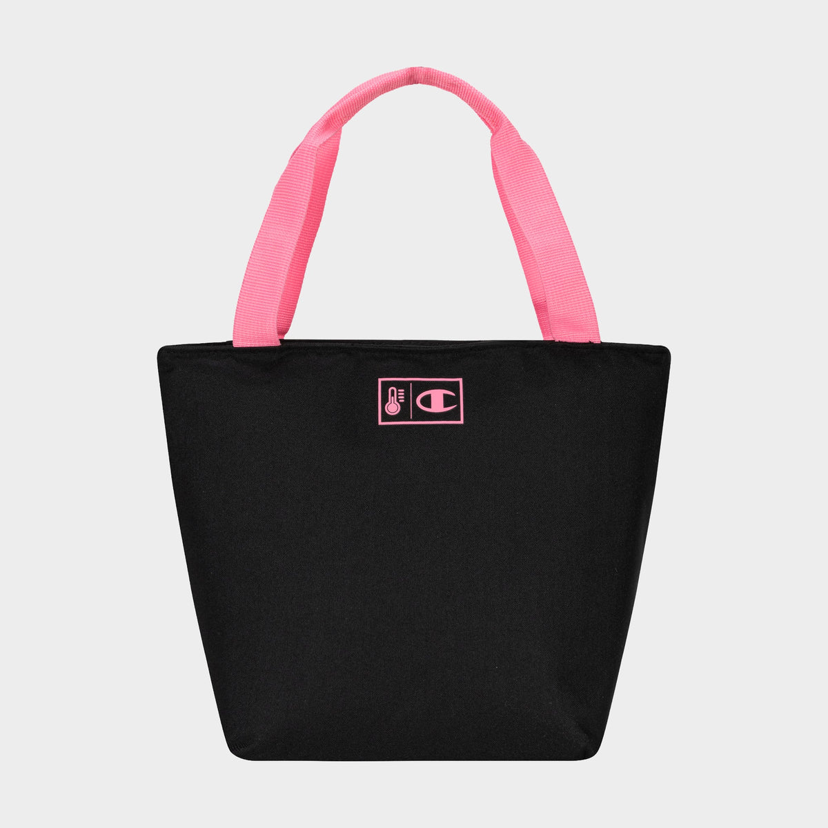 The Champion Fresh Tote Lunch Kit is black with wide pink handles and a small pink logo, shown on a white background—ideal as an insulated lunch bag or lunch kit.