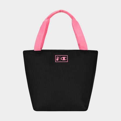 The Champion Fresh Tote Lunch Kit is black with wide pink handles and a small pink logo, shown on a white background—ideal as an insulated lunch bag or lunch kit.