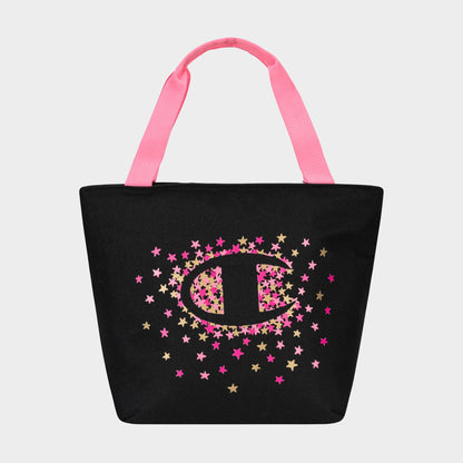 The Champion Fresh Tote Lunch Kit is a black insulated bag with pink handles, a bold center C logo, and pink and gold star accents—perfect for keeping your meals fresh in style.