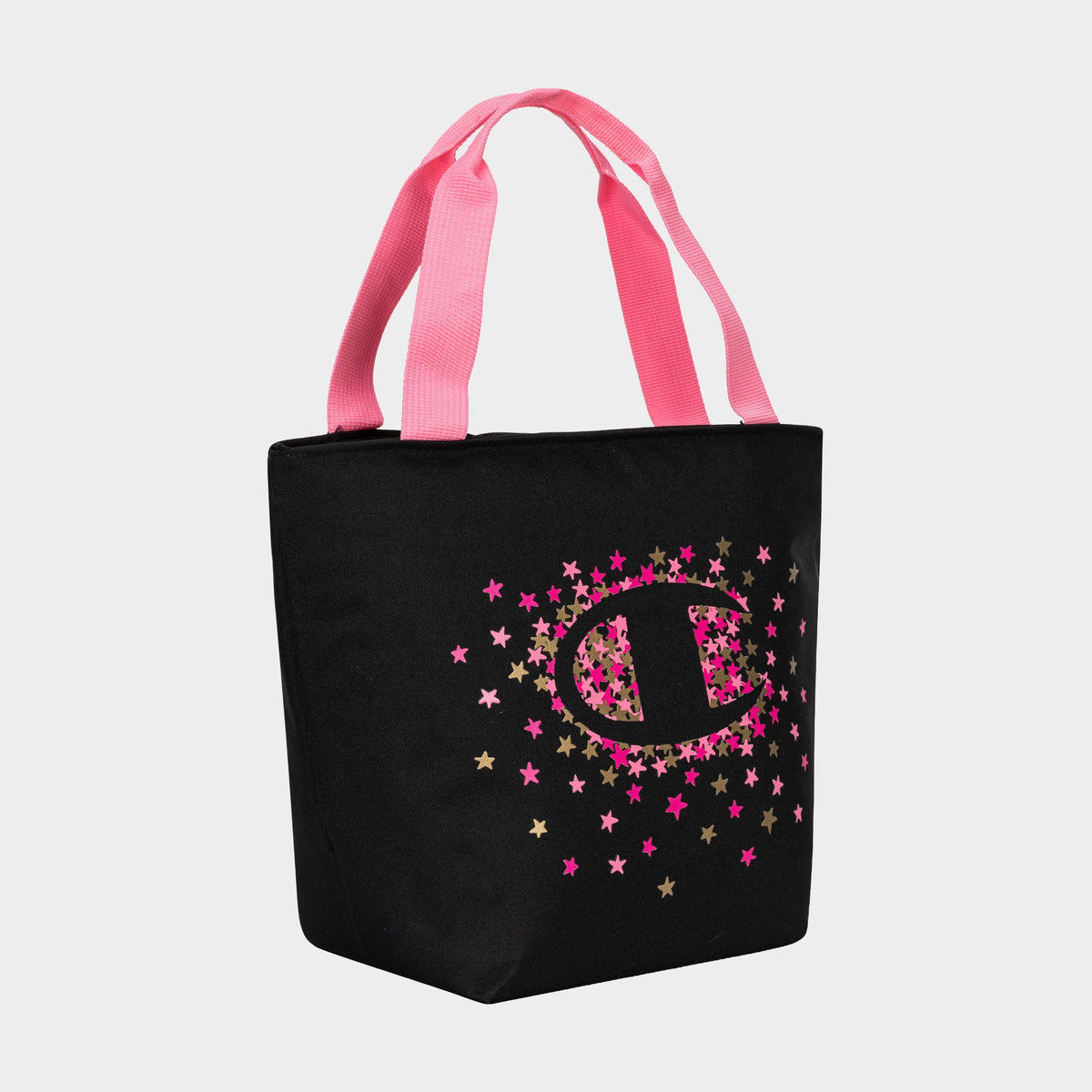 The Champion Fresh Tote Lunch Kit is black with pink handles, featuring pink and gold stars and a large pink outlined C logo—ideal as an insulated lunch bag or stylish lunch kit.