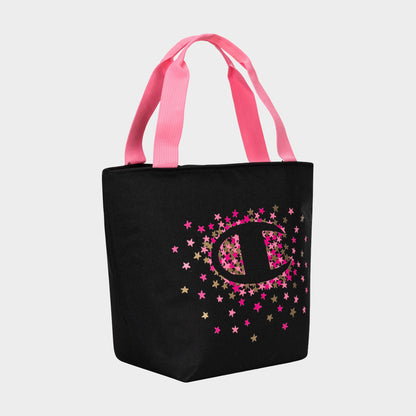 The Champion Fresh Tote Lunch Kit is black with pink handles, featuring pink and gold stars and a large pink outlined C logo—ideal as an insulated lunch bag or stylish lunch kit.