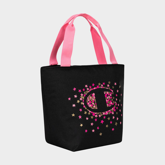 The Champion Fresh Tote Lunch Kit is black with pink handles, featuring pink and gold stars and a large pink outlined C logo—ideal as an insulated lunch bag or stylish lunch kit.