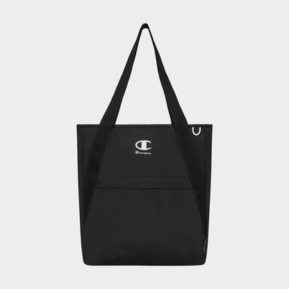 A Champion Lottie Tote in black, featuring dual handles, a front pocket, and a centrally placed white Champion logo. Made from sturdy nylon, this versatile everyday bag is showcased against a plain light gray background.