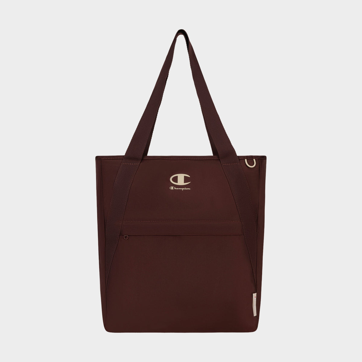 The Champion Lottie Tote, presented in maroon and made from sturdy nylon, features dual straps, a convenient front zip pocket, and prominently displays the iconic Champion logo on the upper front. Photographed on a plain white background, this versatile everyday bag blends style with durability.