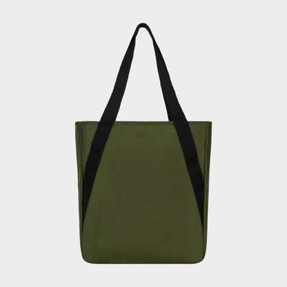 The Champion Lottie Tote is a simple, rectangular olive-green bag with black handles. Unadorned and versatile, this everyday essential blends style and practicality—shown here against a plain white background.