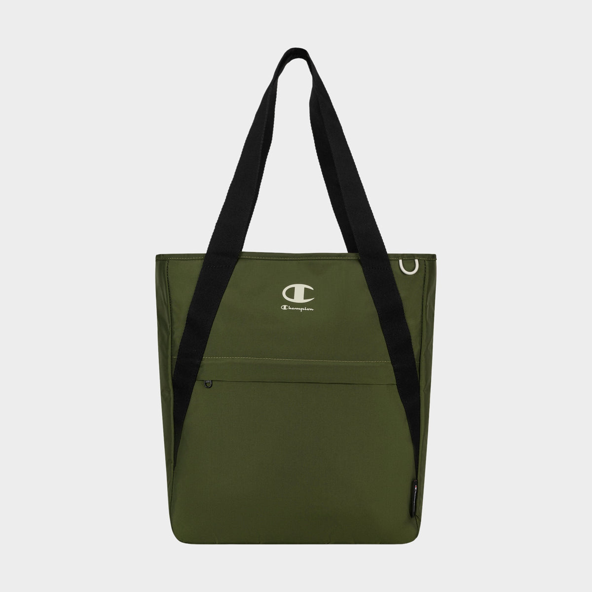 Champion Lottie Tote in olive green, featuring black shoulder straps, a front zip pocket, and the Champion logo in white on the upper front. Made from durable nylon, this versatile everyday bag is displayed against a plain white background.