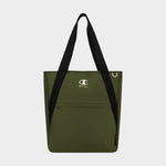 Champion Lottie Tote in olive green, featuring black shoulder straps, a front zip pocket, and the Champion logo in white on the upper front. Made from durable nylon, this versatile everyday bag is displayed against a plain white background.