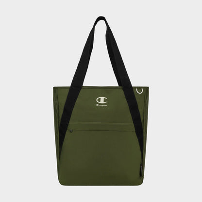 Champion Lottie Tote in olive green, featuring black shoulder straps, a front zip pocket, and the Champion logo in white on the upper front. Made from durable nylon, this versatile everyday bag is displayed against a plain white background.