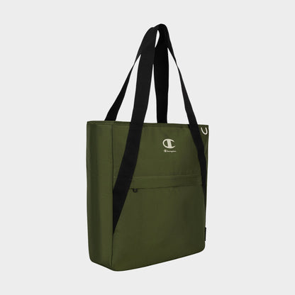 The Champion Lottie Tote is a durable nylon bag with black straps, a front zipper pocket, and the Champion logo in white on the upper front. Set against a plain light gray background, this everyday essential from Champion combines style with functionality.