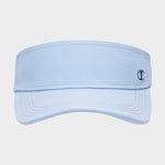 The Champion Solid Adjustable Visor is a sun-ready, light blue visor featuring visible stitching and a small dark blue Champion logo on the right side of the front band, displayed on a plain white background.