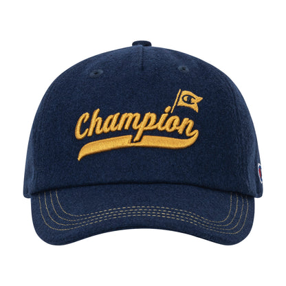 The Champion Sophomore Adjustable Cap features navy blue fabric, a yellow embroidered flag and logo on the front, collegiate accents, and yellow stitching along the brim.