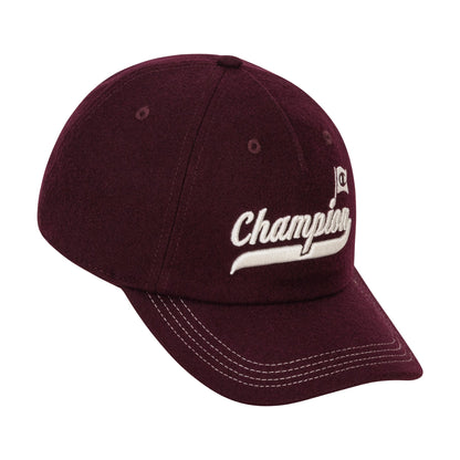 The Champion Sophomore Adjustable Cap features white stitching and "Champion" with a small flag embroidered in white on maroon, adding classic collegiate style to your look.