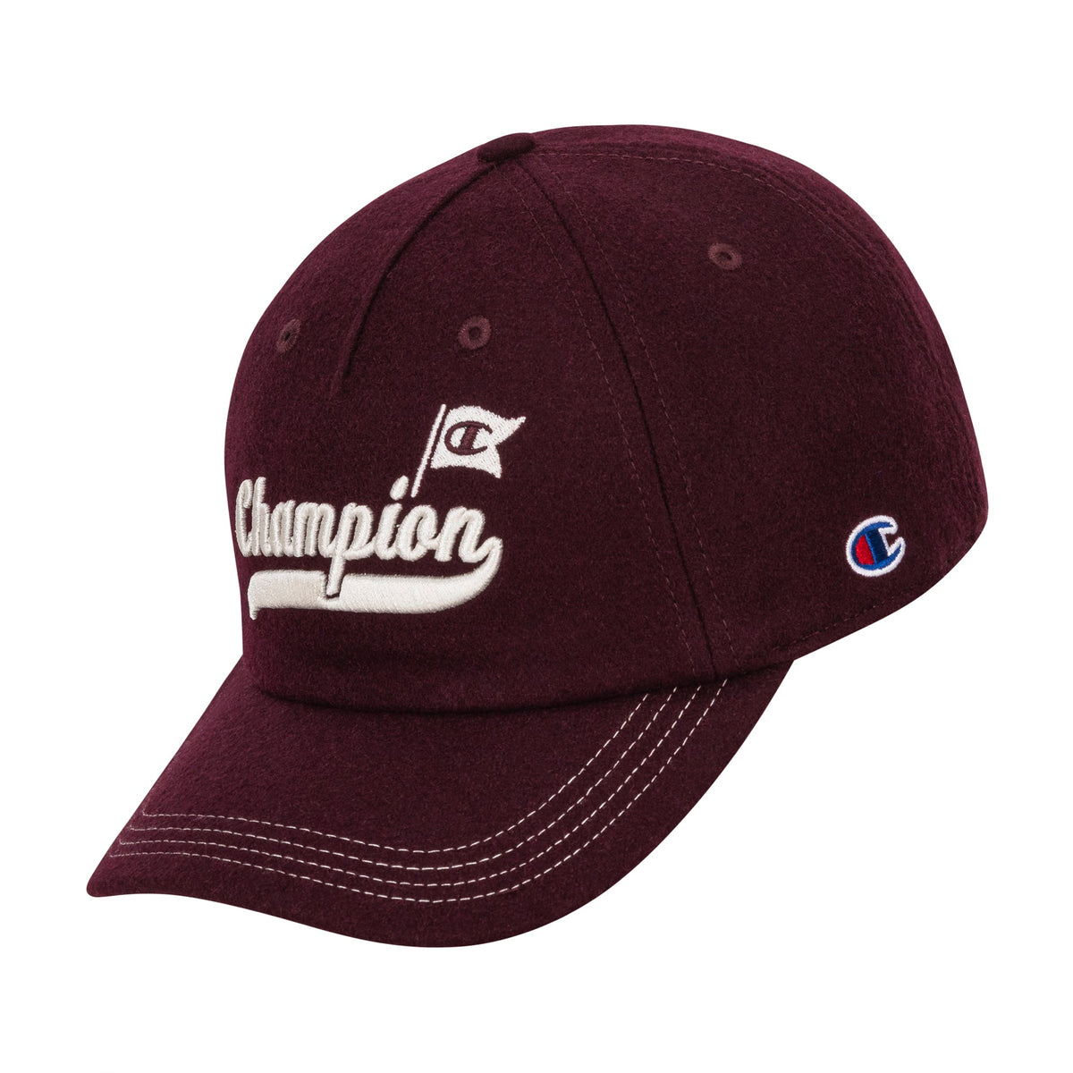 The Champion Sophomore Adjustable Cap features maroon fabric with white stitching, "Champion" and a flag embroidered on the front, plus a side logo patch—a perfect way to add collegiate flair to any outfit.