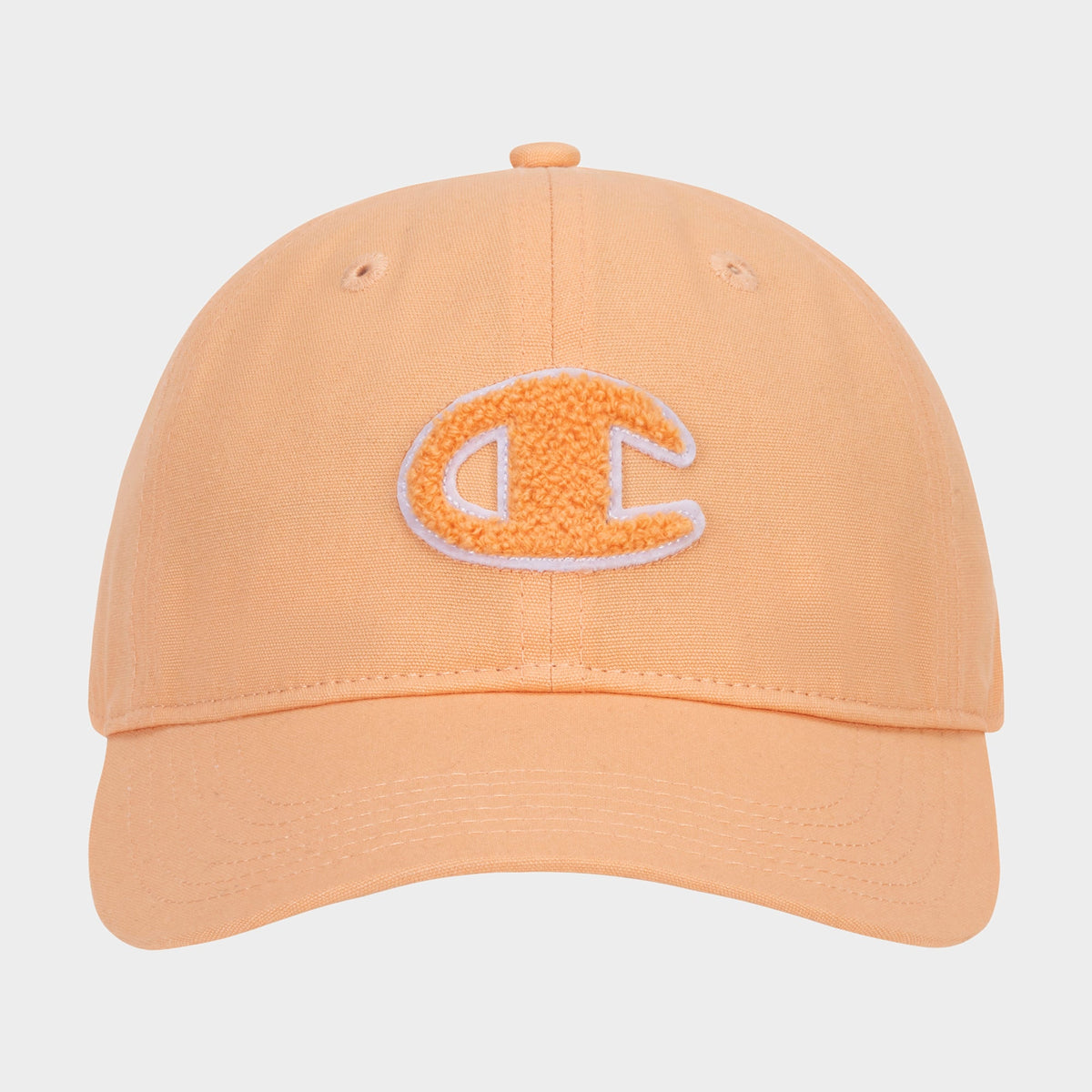 Amber Chenille Adjustable Cap by Champion, featuring a relaxed fit and an embroidered orange and white chenille patch letter C on the front, displayed against a plain white background.