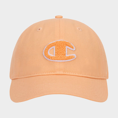 Amber Chenille Adjustable Cap by Champion, featuring a relaxed fit and an embroidered orange and white chenille patch letter C on the front, displayed against a plain white background.