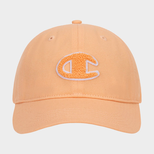 Amber Chenille Adjustable Cap by Champion, featuring a relaxed fit and an embroidered orange and white chenille patch letter C on the front, displayed against a plain white background.