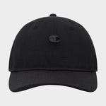 The Champion Bonnie Recycled Adjustable Cap features a simple black design with a curved brim and a subtle black emblem on the front, shown against a white background. Crafted from eco-friendly materials, this sustainable cap offers timeless style ideal for everyday use.