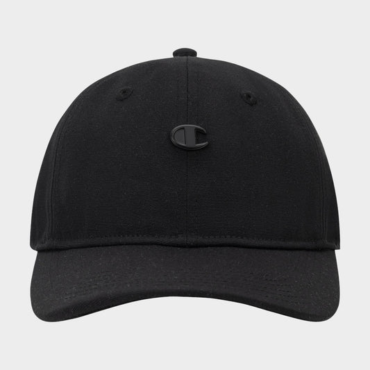The Champion Bonnie Recycled Adjustable Cap features a simple black design with a curved brim and a subtle black emblem on the front, shown against a white background. Crafted from eco-friendly materials, this sustainable cap offers timeless style ideal for everyday use.