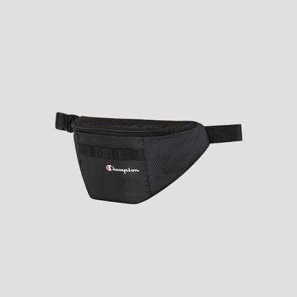 The Champion Document Waist Pack in black features a front zipper pocket, mesh fabric, and an adjustable strap for convenient organization while on the go, shown against a light gray background.