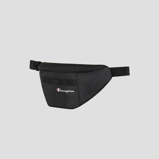 The Champion Document Waist Pack in black features a front zipper pocket, mesh fabric, and an adjustable strap for convenient organization while on the go, shown against a light gray background.