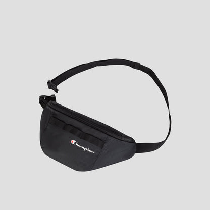 A Champion Document Waist Pack in black, featuring an adjustable strap and zippered pocket for easy organization on the go, is displayed on a light gray background.