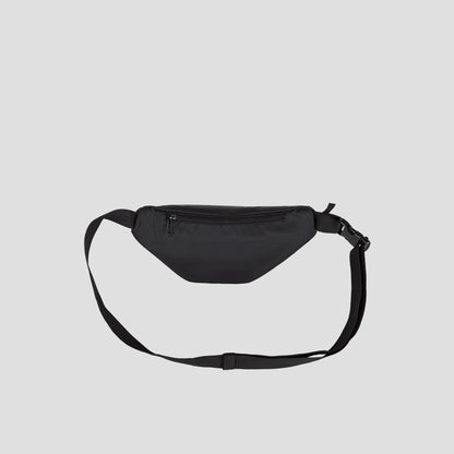 A black Champion Document Waist Pack featuring an adjustable strap and a zippered front pocket for convenient organization on the go, displayed against a plain light gray background.