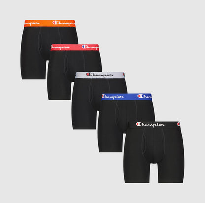 The Champion Cotton Stretch Boxer Brief 5 Pack features black briefs with moisture-wicking fabric and assorted colored waistbands—red, pink, gray, blue, and black—each displaying the Champion logo.