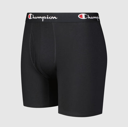 Champion Cotton Stretch Boxer Brief - 5 Pack for men in black with logo waistband, contoured pouch, flat seams, and moisture-wicking fabric. Plain light gray background.