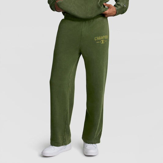 Olive green Champion Mineral Wash Open Hem Pant with a distressed graphic on the left hip.