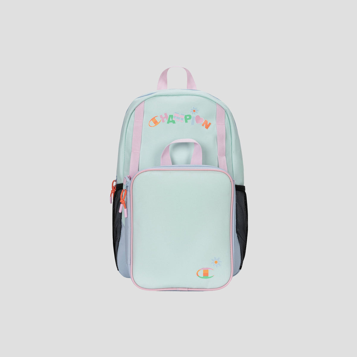 Mint green and pastel pink Kids’ Mode Lunch Kit & Backpack Combo by Champion, featuring CHAMPION in colorful letters, a front pocket, black mesh side pockets, and top handle—perfect as a stylish youth backpack—displayed on a light gray background.
