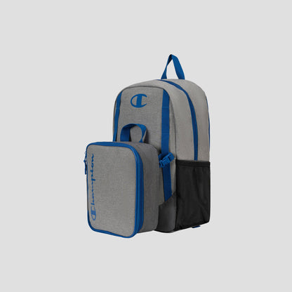 Kids’ Mode Lunch Kit & Backpack Combo by Champion in gray with blue accents, featuring a front zippered insulated lunch kit attachment, side mesh pocket, and top handle, shown against a plain light gray background.