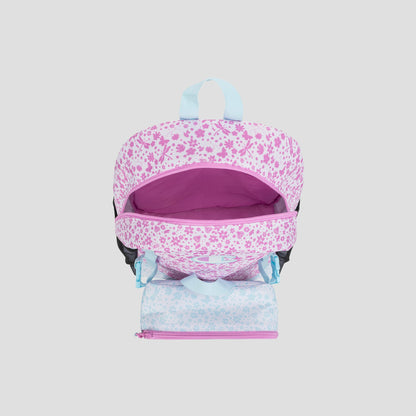 Introducing the Champion Kids’ Mode Lunch Kit & Backpack Combo—a pink and white floral youth backpack featuring a light blue handle. Shown open from above, it reveals a coordinated pink interior and an attached matching zippered pouch at the bottom—perfect for carrying your essentials in Champion style.