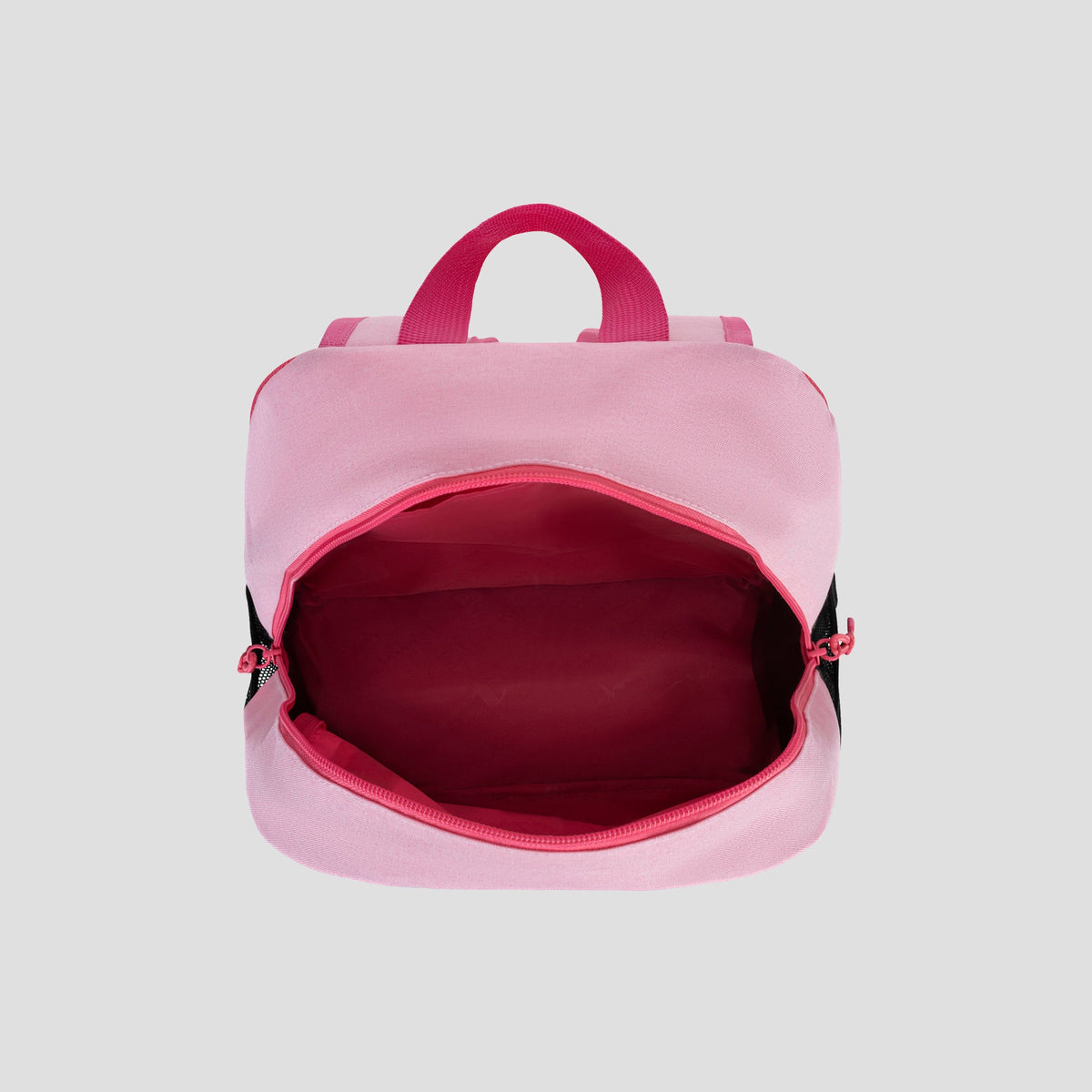A pink Champion Kids’ Mode Lunch Kit & Backpack Combo, viewed from above, showing the open main compartment and pink handles against a plain gray background.
