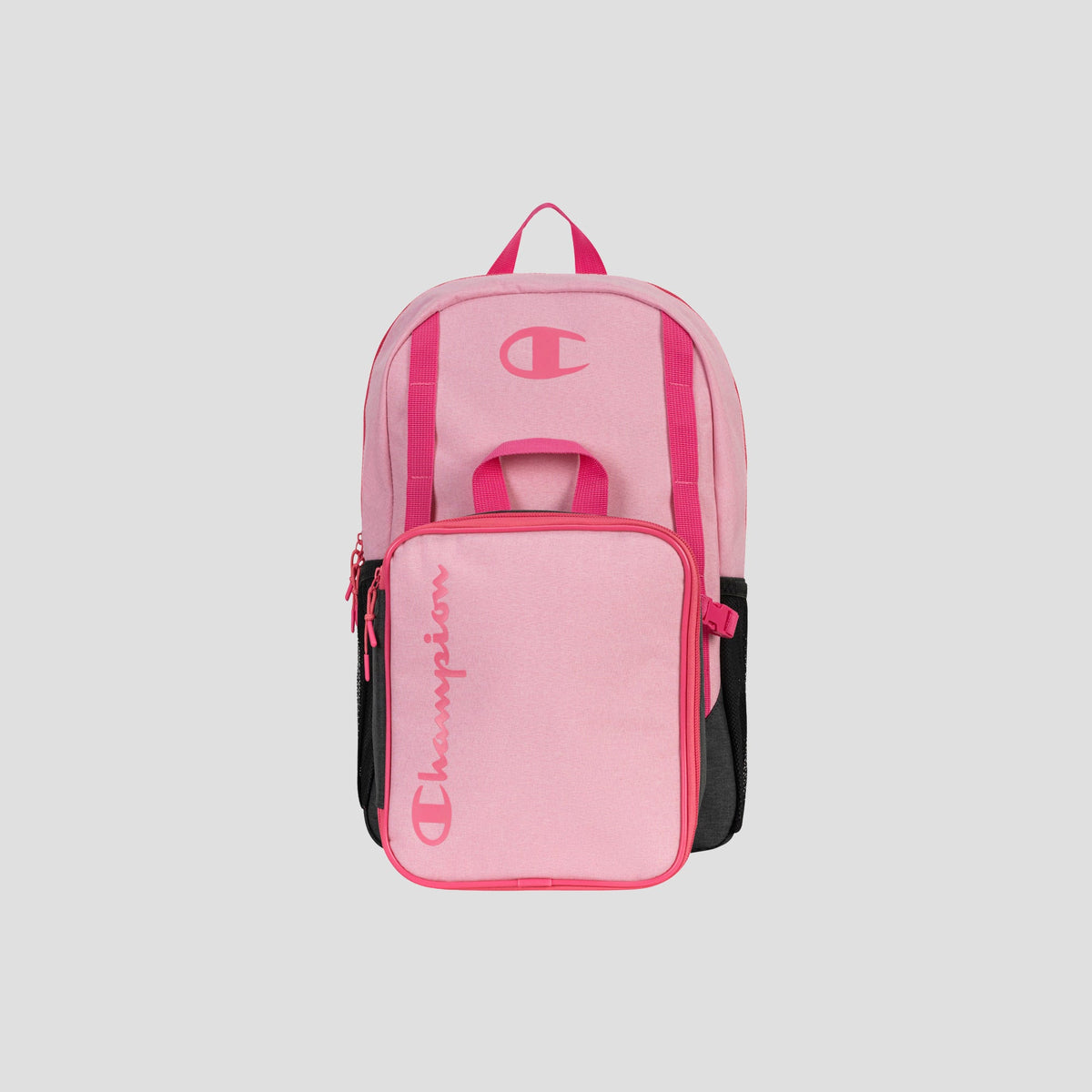The Kids’ Mode Lunch Kit & Backpack Combo by Champion is featured against a plain gray background. This pink youth backpack showcases a front pocket with the Champion logo in pink letters, a top handle, side mesh pockets, and a zipper closure—making it the perfect choice for school or on-the-go adventures.