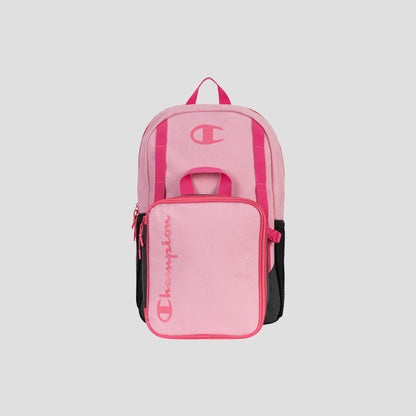 The Kids’ Mode Lunch Kit & Backpack Combo by Champion is featured against a plain gray background. This pink youth backpack showcases a front pocket with the Champion logo in pink letters, a top handle, side mesh pockets, and a zipper closure—making it the perfect choice for school or on-the-go adventures.