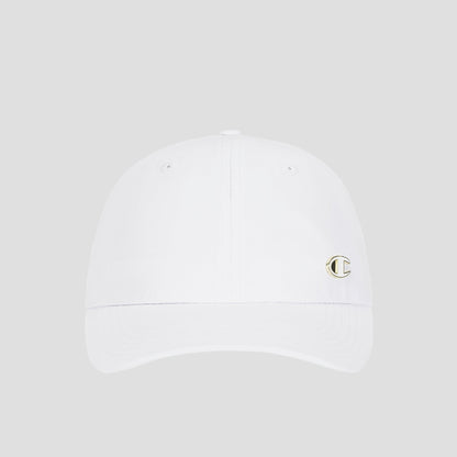 The Champion Lifestyle Sport Adjustable Cap is a white women’s performance hat featuring a small, gold-outlined C logo on the front left side. Displayed against a plain light gray background, this stylish and comfortable cap is perfect for any athletic activity.
