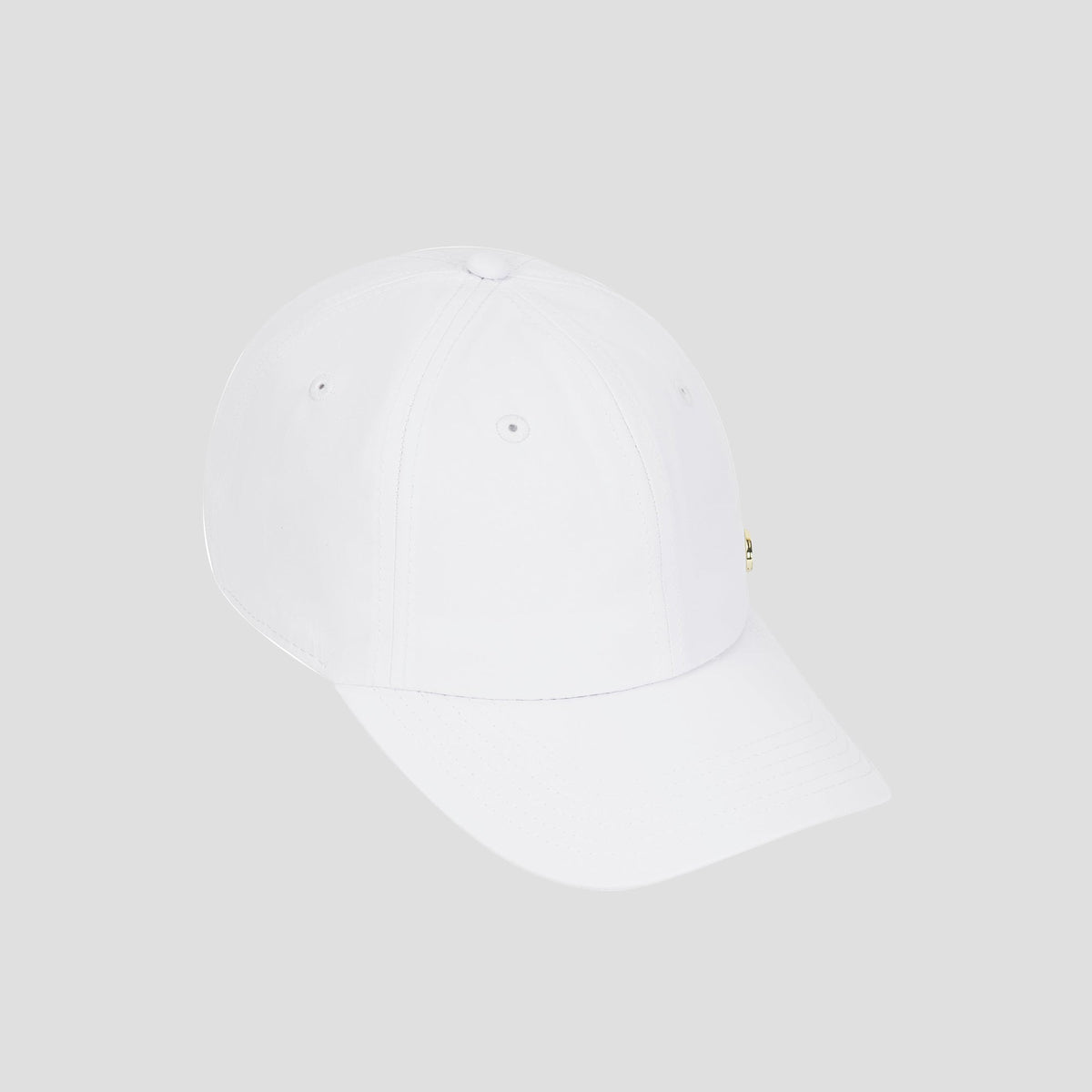 A Champion Lifestyle Sport Adjustable Cap in plain white is shown against a light gray background. This athletic cap features a curved brim, ventilation eyelets, visible stitching details, and an adjustable strap for a comfortable fit.
