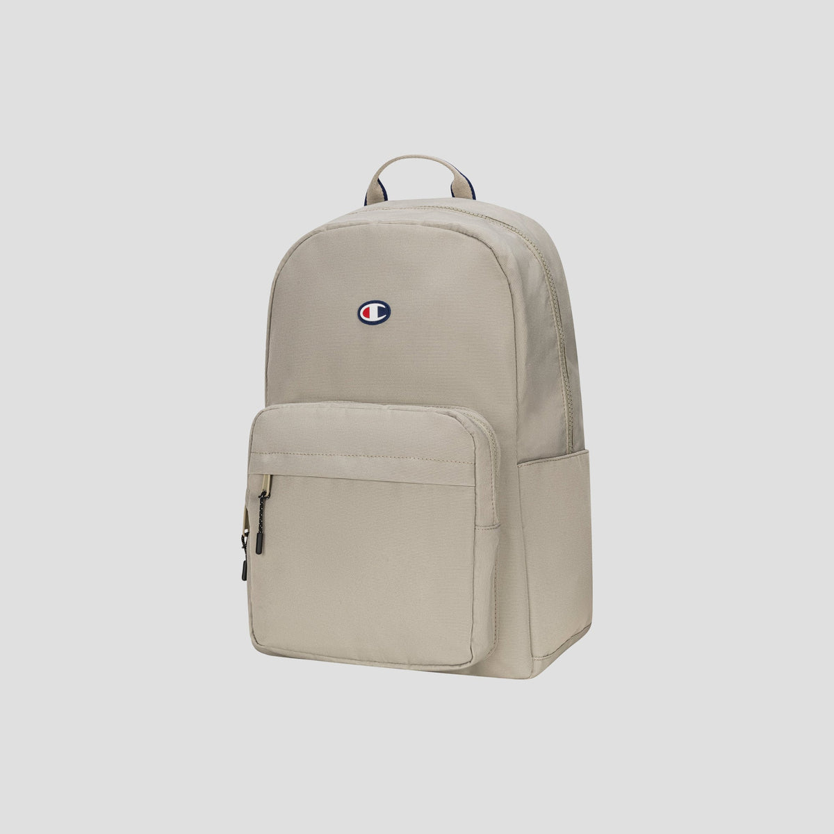 A beige Champion Level Backpack, featuring a front zippered pocket, a small embroidered Champion logo on the upper center, and a padded laptop sleeve for your everyday essentials, displayed against a plain light background.