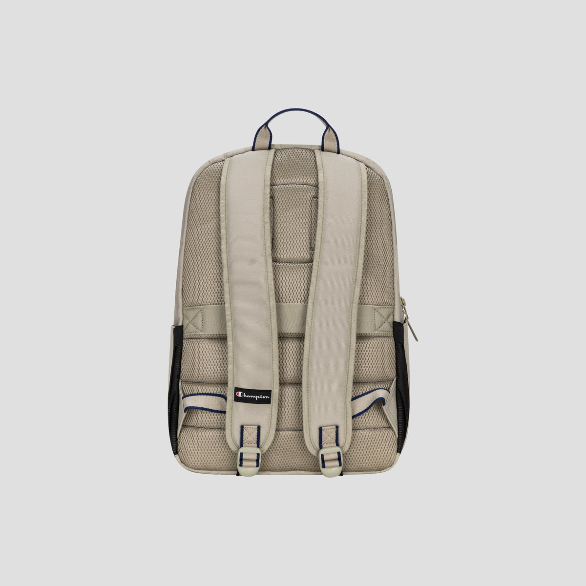 The Champion Level Backpack in beige is displayed from the back against a plain light gray background, showcasing its padded shoulder straps, mesh padding for enhanced comfort, a small Champion logo at the bottom, a handy top handle, and a padded laptop sleeve—making it ideal for everyday use.