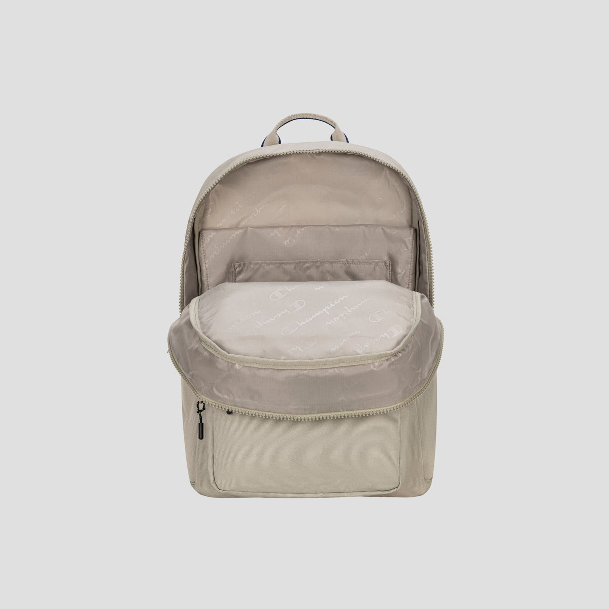 A beige Champion Level Backpack with its main compartment unzipped reveals a spacious, light-colored interior complete with a small pocket and a padded laptop sleeve—ideal for your everyday essentials—as well as a handy front zippered pocket.